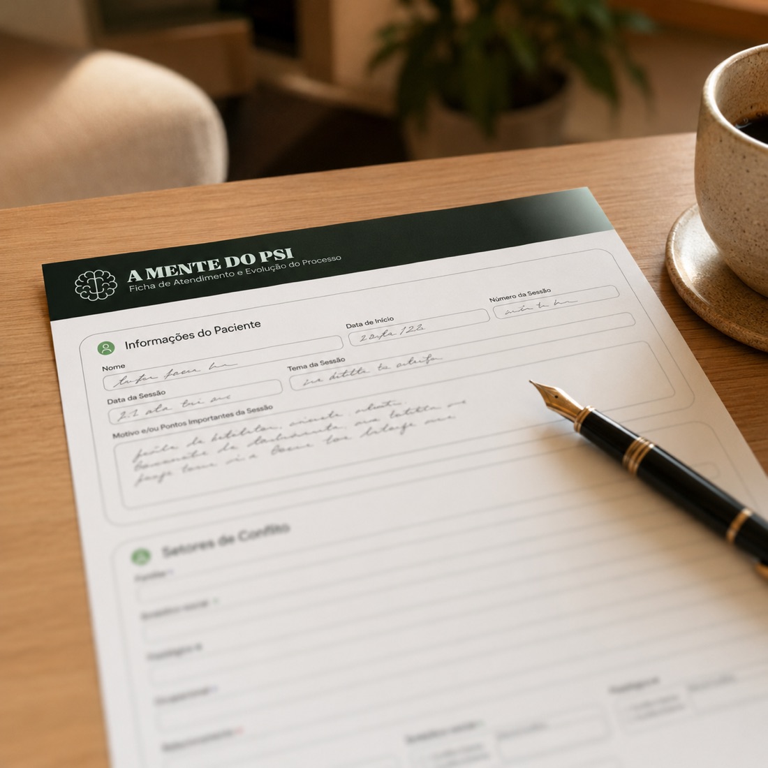 Ficha A Mente do Psi preenchida sobre a mesa do consultório